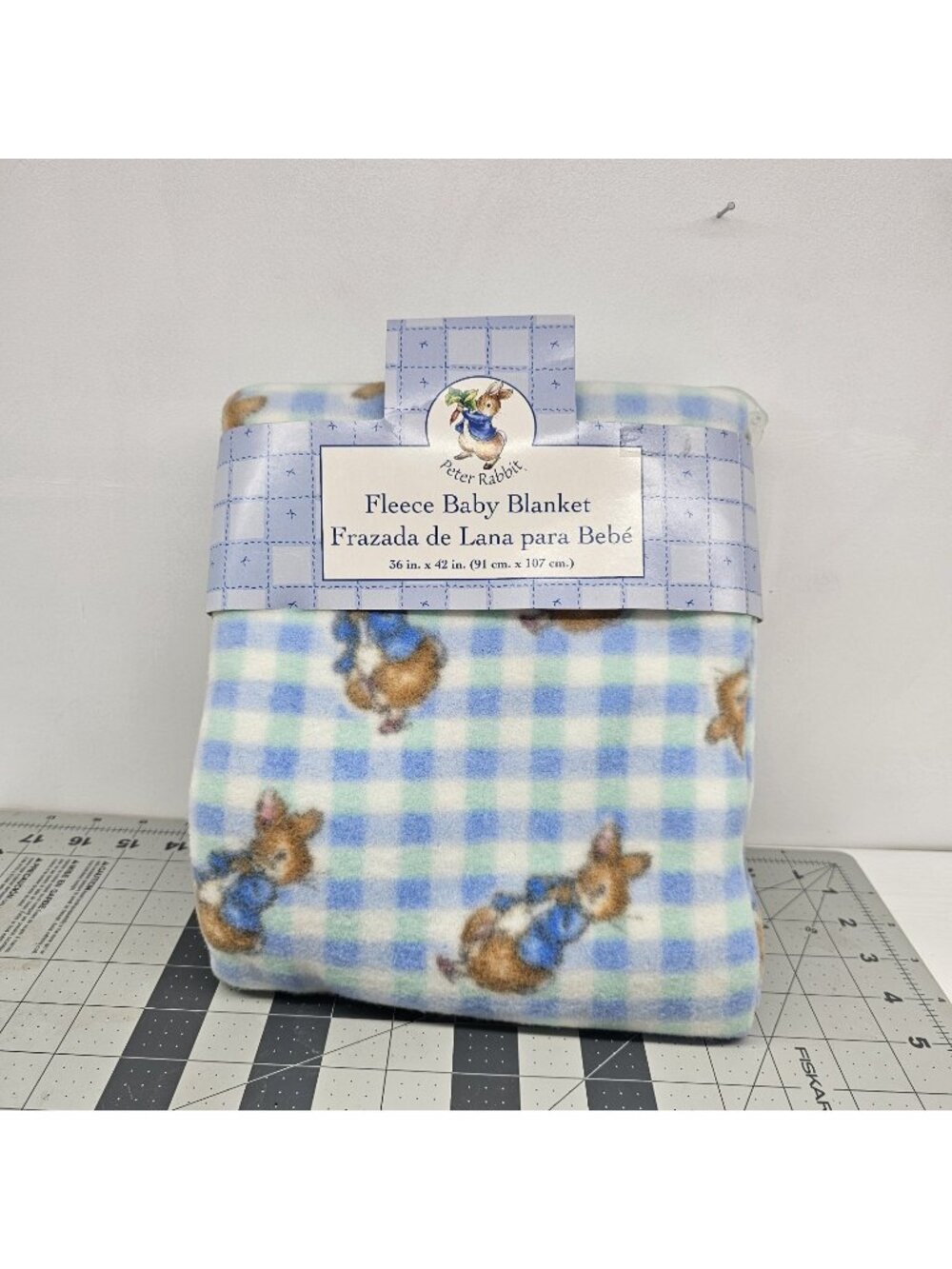 Vintage Crown Crafts Peter Rabbit Fleece Baby Blanket Blue Plaid Gingham NWT Y2K